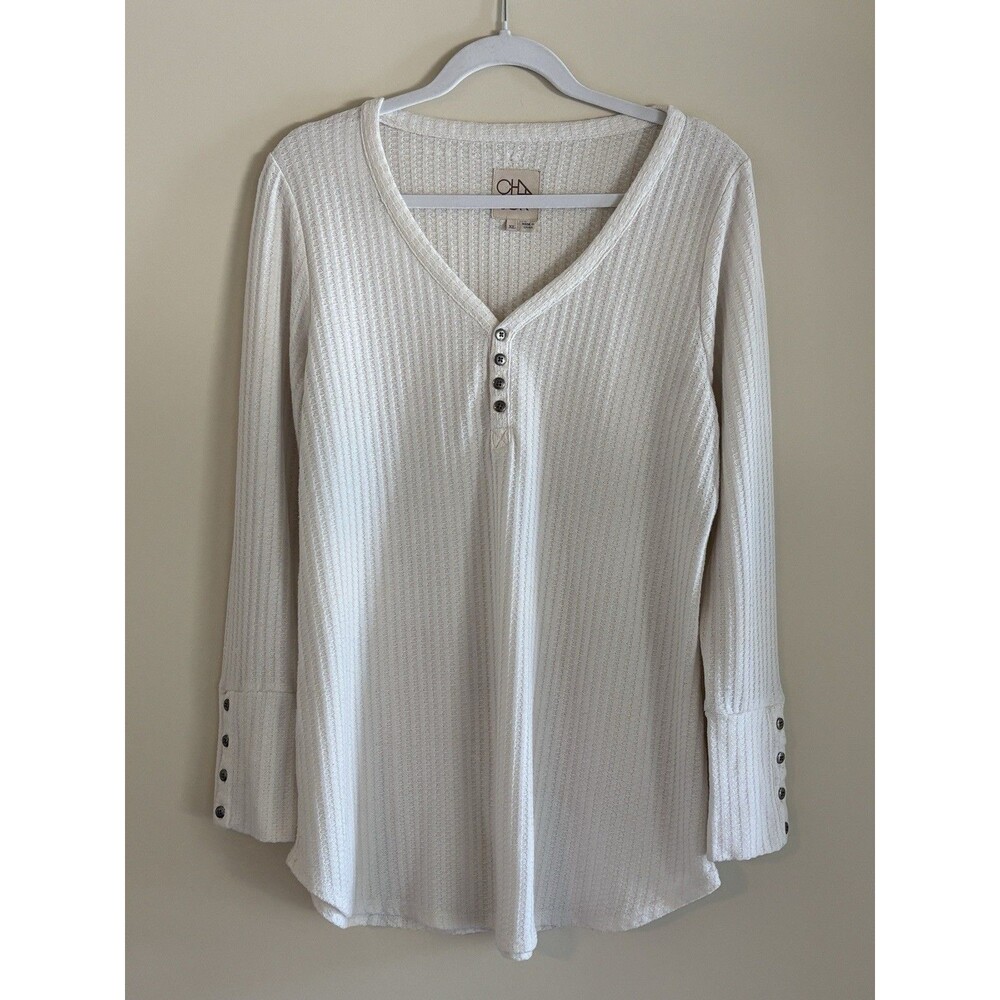 Chasor Beige Waffle Knit Henley Button V Neck Top Womens Size XL Long Sleeve